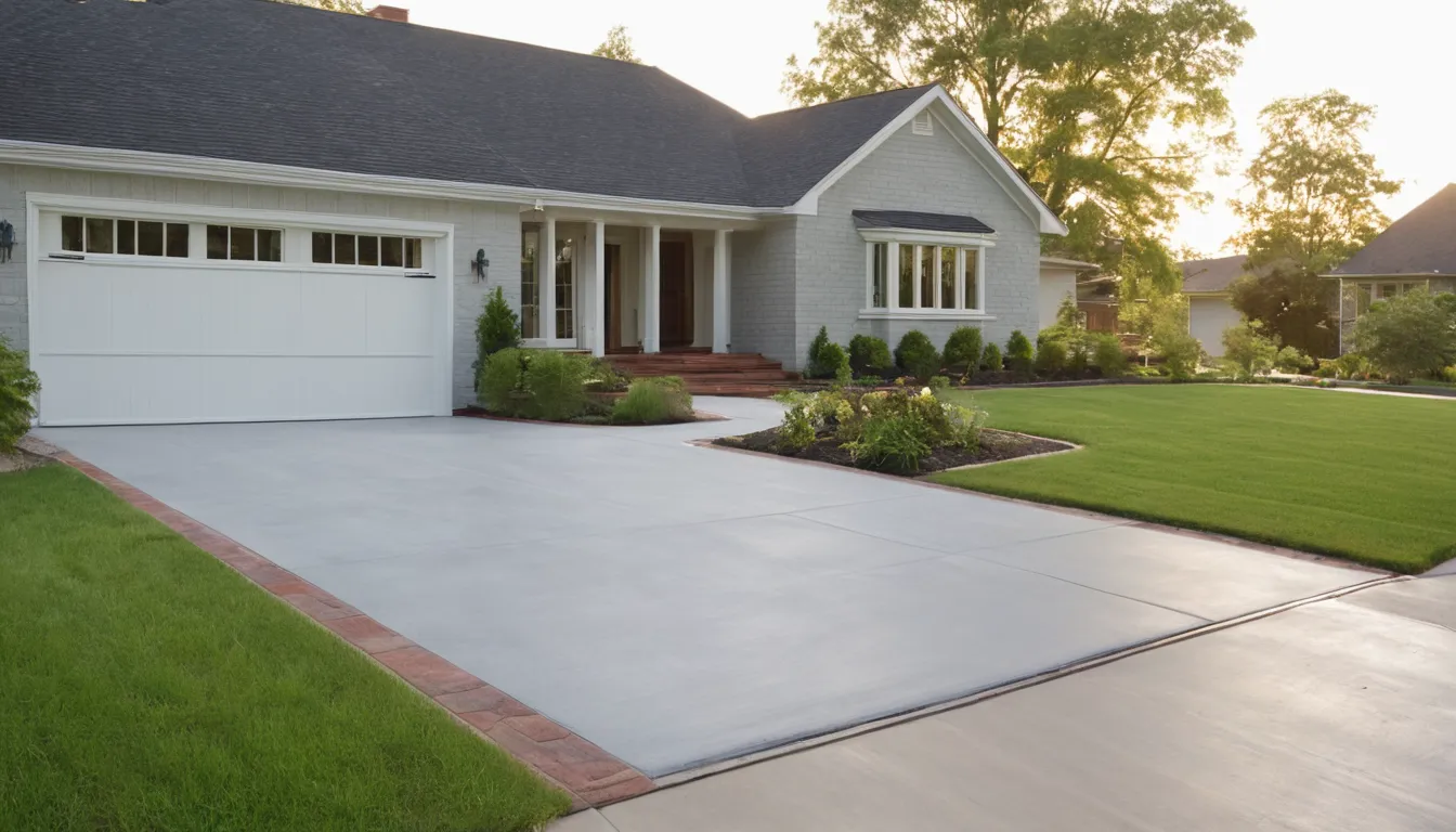 A freshly poured concrete driveway in front of a ranch home near Kansas City